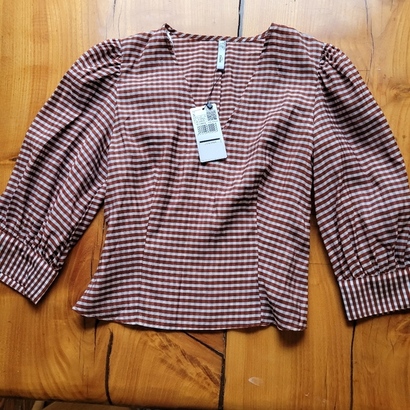 NWT Mango Gingham Puff Sleeve Blouse - Picture 14 of 16